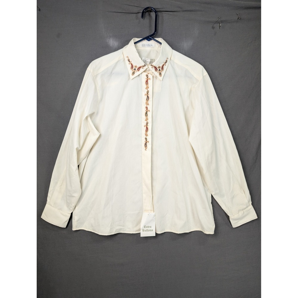 Foxcroft Womens Cream Embroidered Paisley Button Up Shirt 14